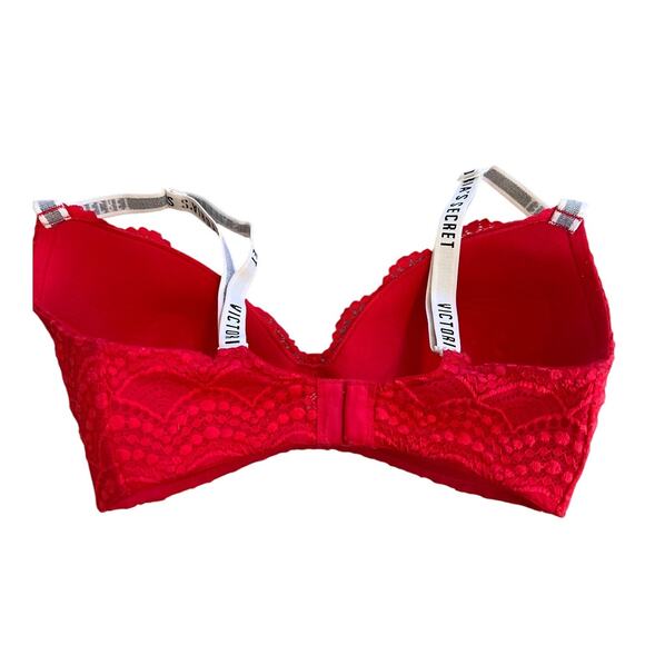 Victoria's Secret Red Lace Padded Push Up Bra with Logo Straps Size 32DDD Sexy - Picture 2 of 4